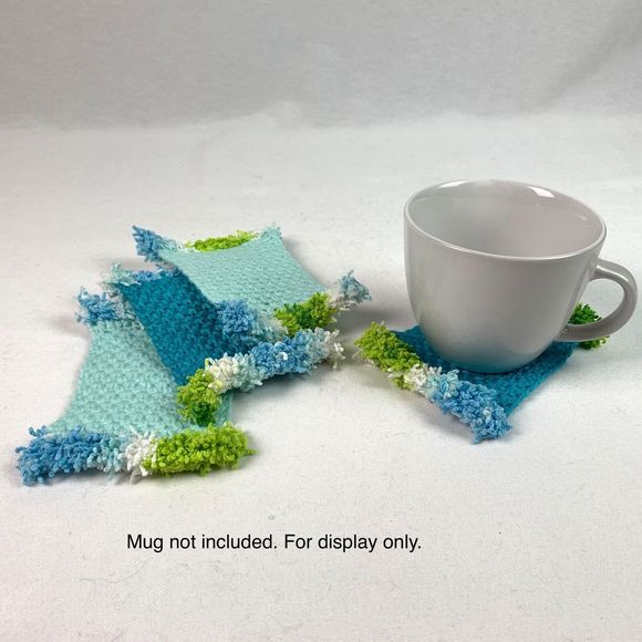 Mug Rugs Handmade Crochet Turquoise Blue Green White Cotton Fringe 4 Coasters - Picture 6 of 7